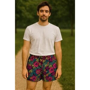 Club Caribe 90s Vintage Men's Floral‎ Print Shorts Colorful Elastic Waist Casual
